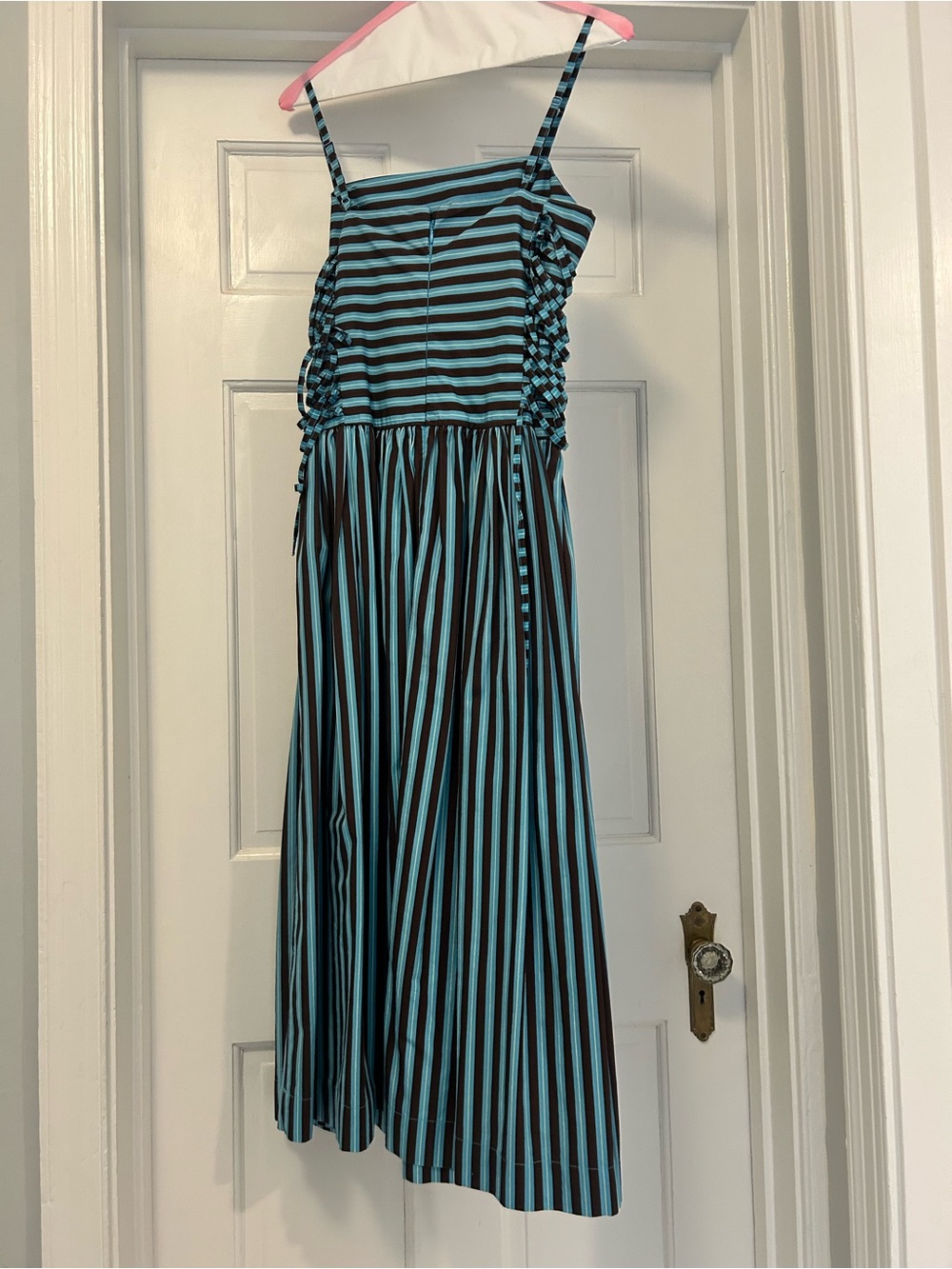 Damson Madder Angelina Striped Blue and Brown Midi Dress with Spaghetti Straps - Picture 5 of 7